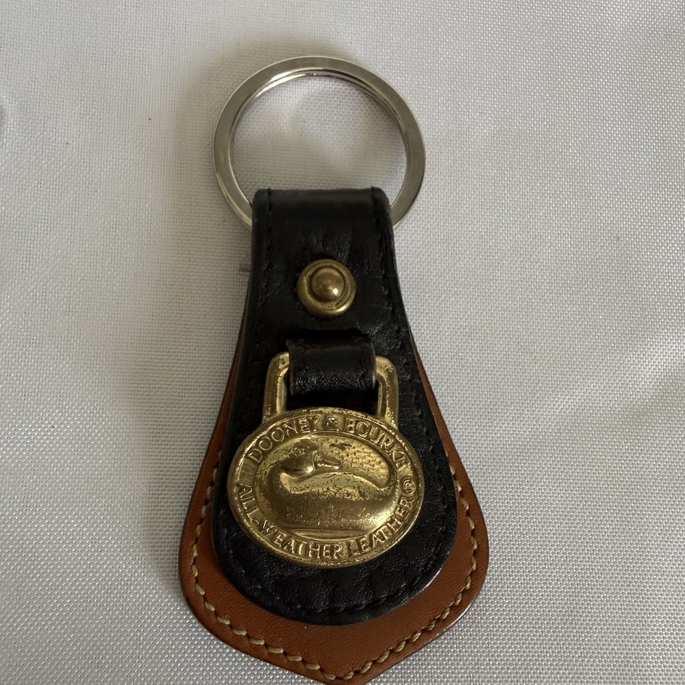 Dooney & Bourke Black All Weather Pebble Leather Key Ring Fob Vintage Brass Logo